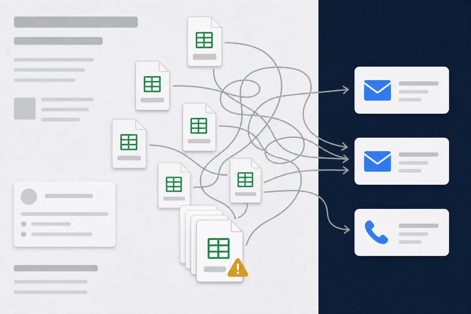 Several copies of the same Excel file tangled with arrows to emails and a phone