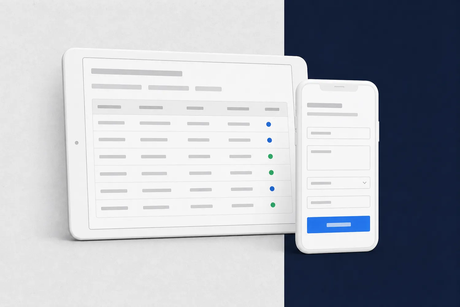 Tablet with an orders table and a phone with a work order entry form