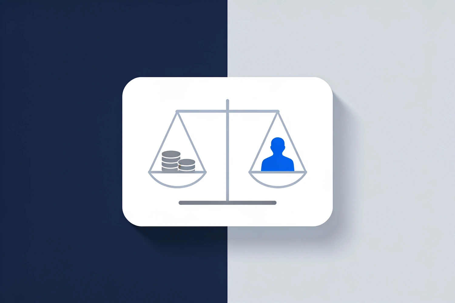 Balance scale with coins on one side and a blue customer icon on the other, level
