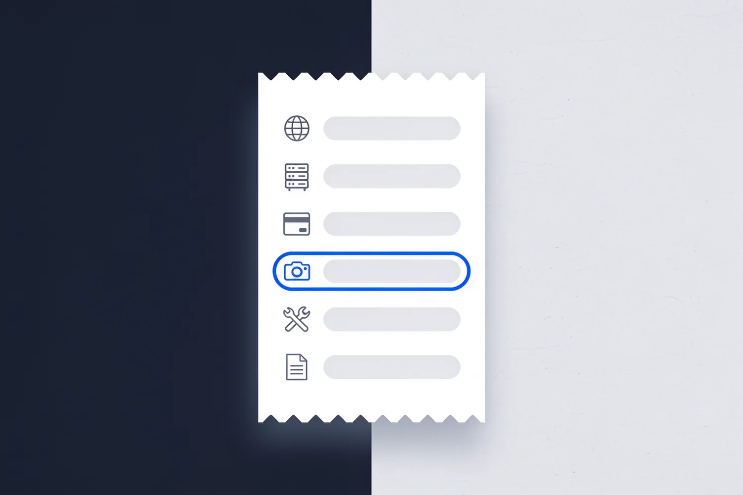 Receipt with line items for domain, hosting, card, photos, maintenance and a fiscal receipt