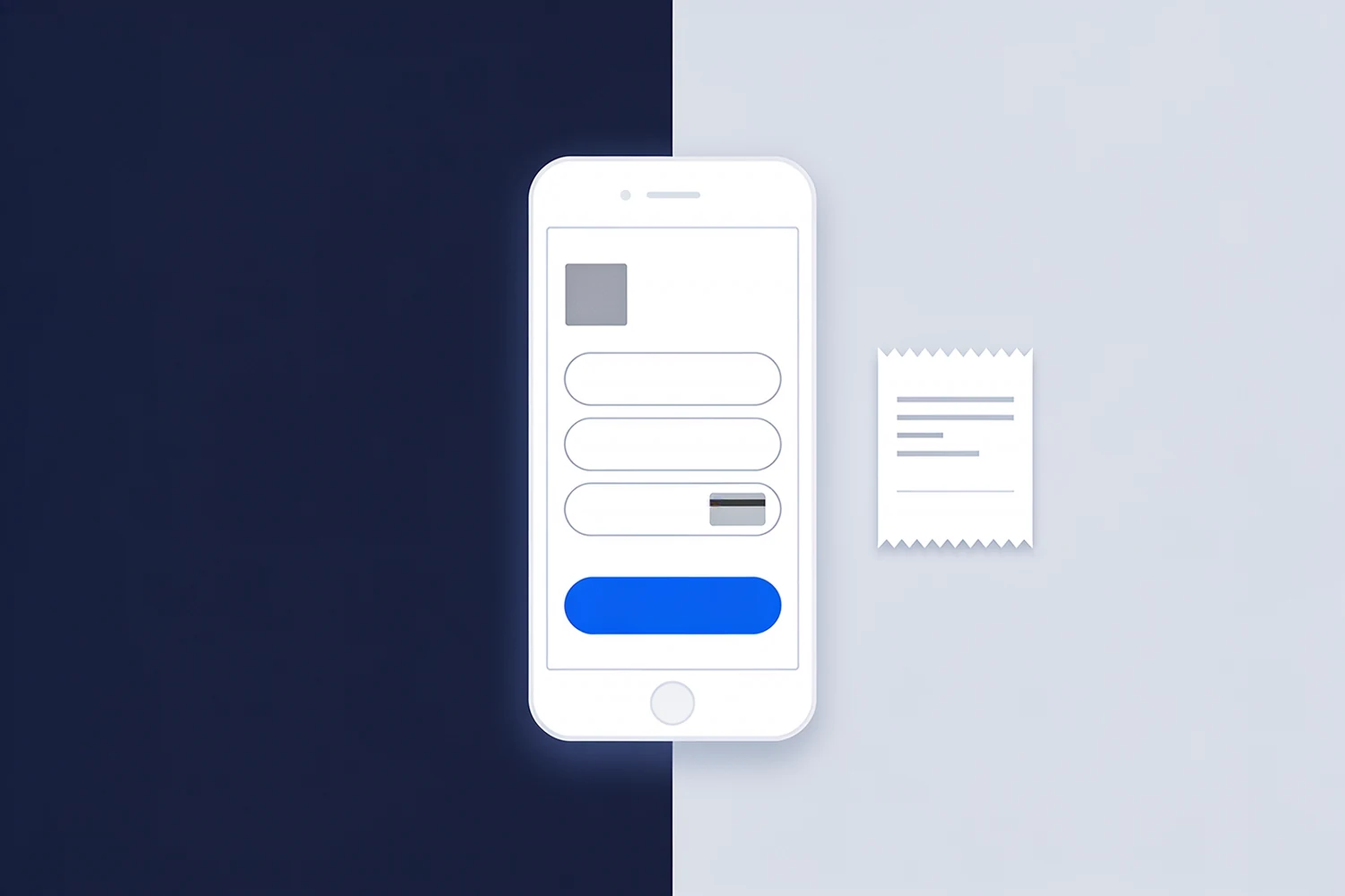 Phone with a card payment page and a blue button, with a fiscal receipt beside it