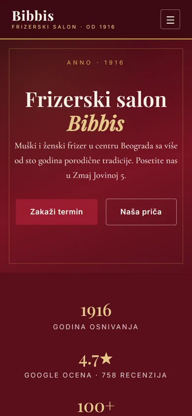 Salon Bibbis: početna strana sajta na telefonu